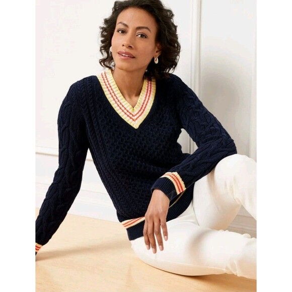 Talbots Sweaters - Talbots Cable Knit V Neck Sweater Cotton Linen Navy Cricket Tennis Sz L Petite